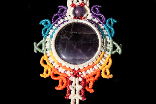 Spiritual Sun Chakras 7 colors pendant, Amethyst, cabochon detail