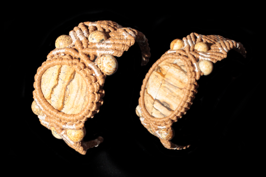 Bracelets Couple Hexa Sagesse Enfouie beige et brun, Jaspe Paysage, côté