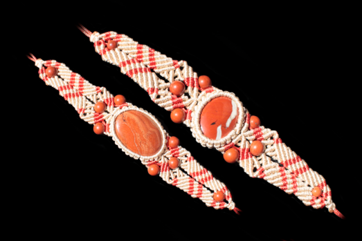 Beige and red Stimulating Hexa Couple Bracelets, Red Jasper