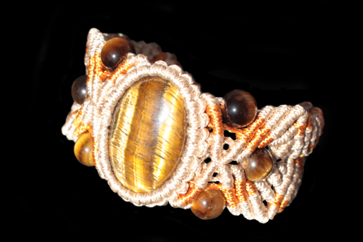 Orange and beige Lucky Charm Hexa Bracelet, Tiger's Eye, flat